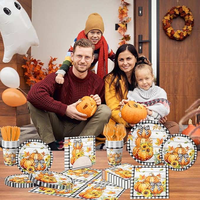 Fall Party Decorations,144Pcs Fall Thanksgiving Tableware Set Includes Plates,Napkins,Knife,Fork Black and White Buffalo Plaid Pumpkin Theme Decorations for Autumn Harvest,Thanksgiving Day