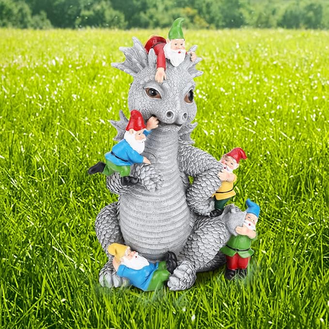 Dragon Gnome Statues Outdoor Decor, 13” Dinosaur Play with Gnomes Garden Statue, Outdoor Statue for All Season Lawn Decor, Garden Decoration, Gardening Gift