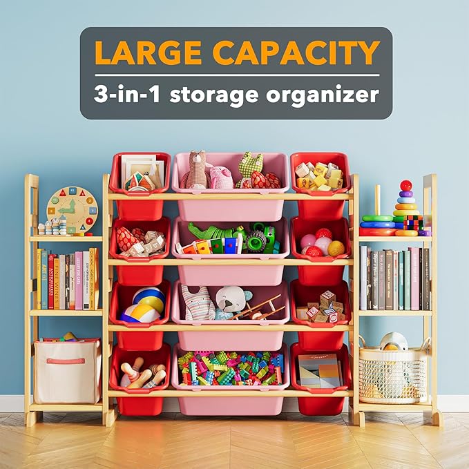 SpaceAid Toy Storage Organizer with 6 Shelves and 12 Bins, Toy Organizers Storage Bookshelf, Kids Bin Shelf Toys Box Bookcase for Bedroom Playroom Organization Room Decor, Red and Pink