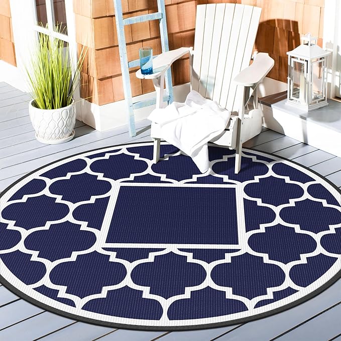 GENIMO 8' Round Outdoor Rug Waterproof for Patio Decor, Foldable Reversible Plastic Straw Area Rugs Mat for Rv, Outside Carpet for Camper, Deck, Picnic, Beach, Balcony, Camper, Blue & White