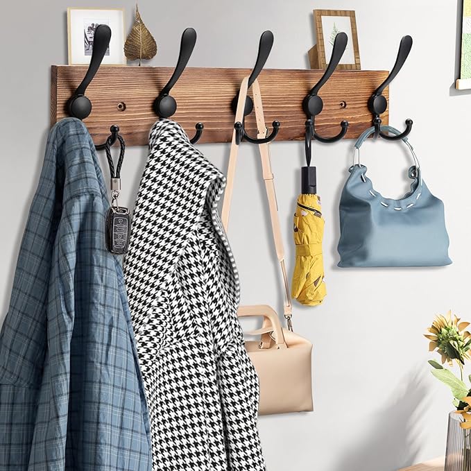 2pcs Coat Rack Wall Mount Wooden Hat Rack for Wall Hooks Pine Real Wood Plank 16.9" Brown Coat Hanger with 5 Triple Hooks for Hanging Coat Hat Jacket