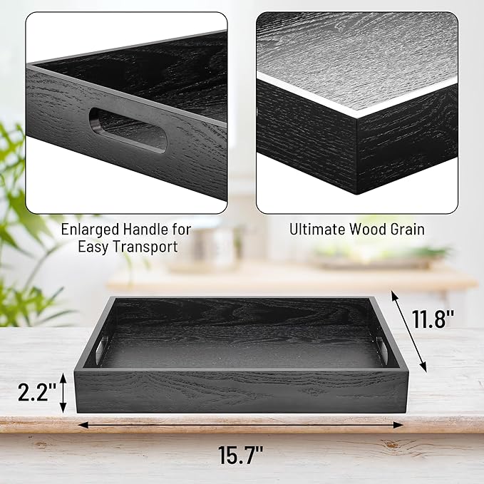 Wood Serving Tray with Handles, Home Decorative Wooden Rectangle Ottoman Decor Platter Vanity Tray for Breakfast Dinner Drinks Kitchen Dining Living Bathroom Restaurants Black