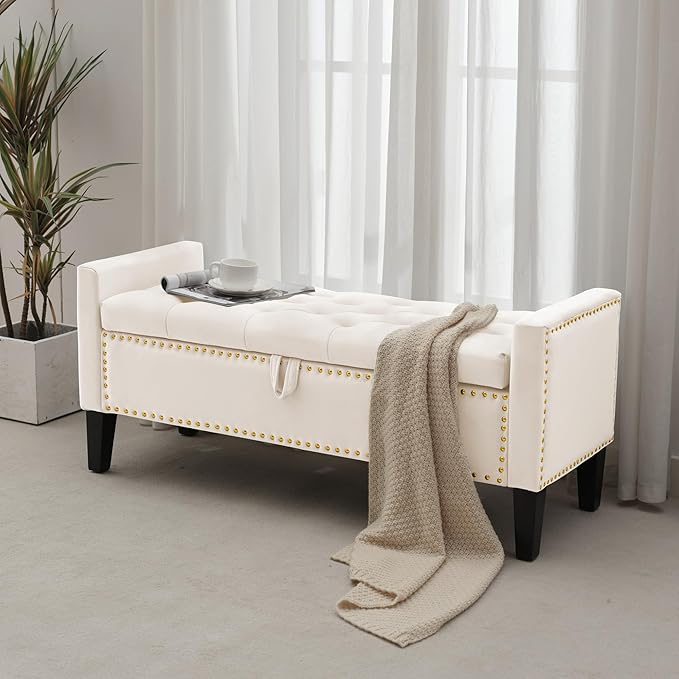 Storage Ottoman Bench, Velvet Upholstered Footstool for Bedroom and Living Room, Tufted Seat with Storage, Wooden Legs & Metal Rivets, Beige