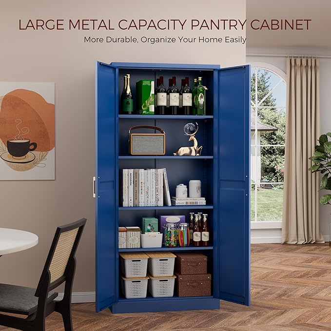71" Metal Pantry Cabinet, Tall Kitchen Pantry Storage Cabinet with 4 Adjustable Shelves and Gold Handles, Blue Cupboard for Kitchen, Dining Room, Living Room