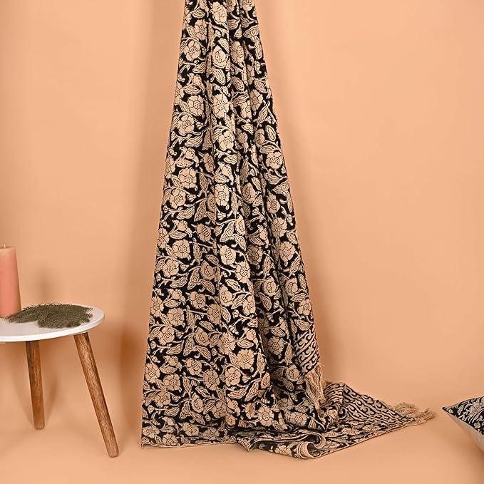 Handmade Cotton Throw Blanket 48x70 Inches | Black & Beige Floral Block Print Decorative Sofa Throw with Tassels | Large Lightweight Cotton Bedspread for Living Room, Couch, or Bedroom