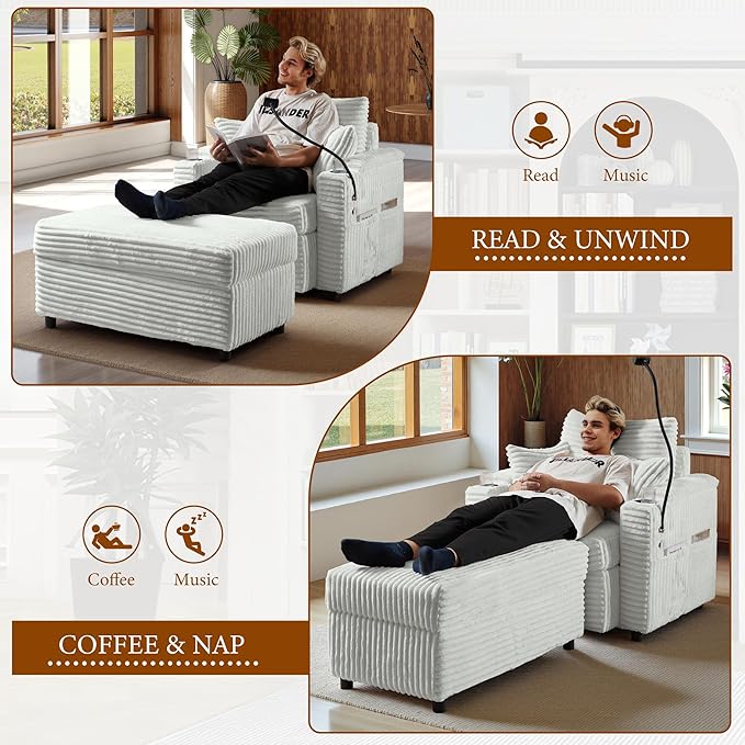 Accent Chair with Storage Ottoman Upholstered Living Room Chairs for Reading Chair with Chaise Lounge Chairs Indoor, Comfortable Armchair for Bedroom