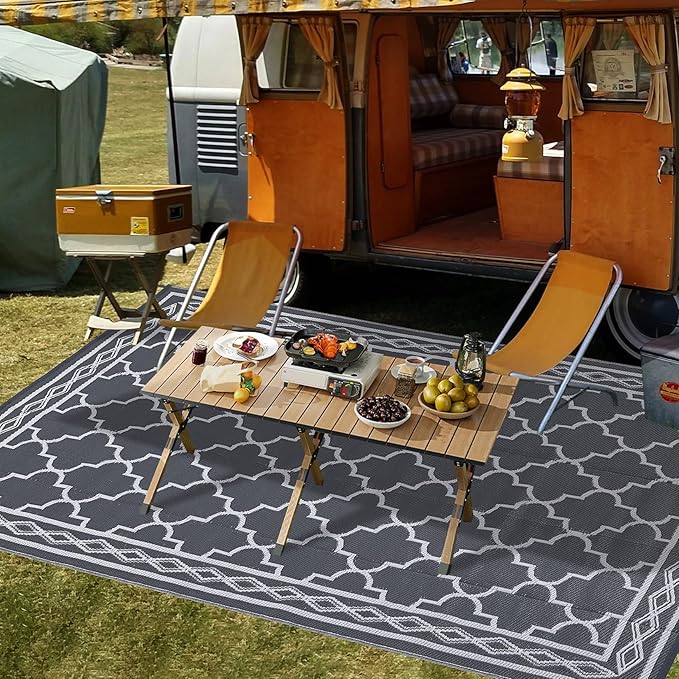 GAOMON Outdoor Rug for Patio 5'x8' Reversible Plastic Rugs Camping Mat for Outdoor, RV, Backyard, Deck, Balcony, Picnic, Beach, Grey/White(Geometric)