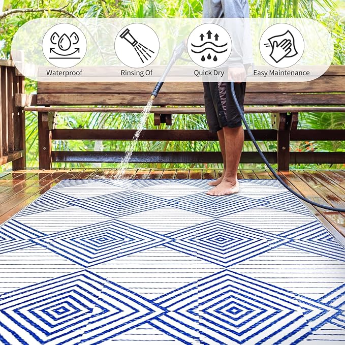 Waterproof Outdoor Rug 6x9ft, Foldable Reversible Plastic Straw Mat for Patio RV Deck Porch Backyard Balcony Camping Picnic Beach Indoor Outdoor Carpet, Blue&White