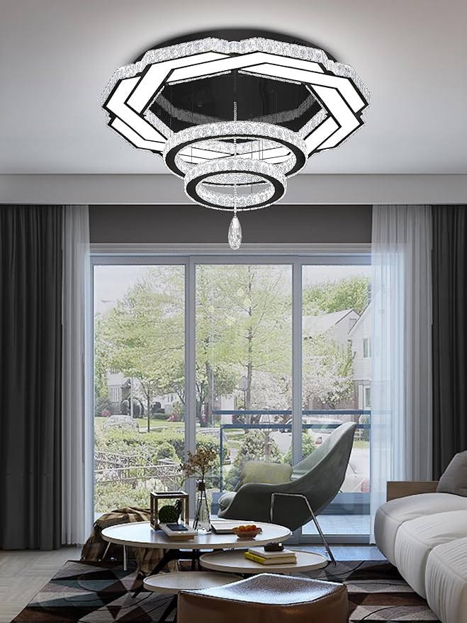 Flashing God Dia 32" Modern Crystal Chandelier Crystal Black Ceiling Light Fixtures LED Flush Mount Ceiling Light for Living Room Bedrooms Dining Room Dimmable 2700k- 6000k