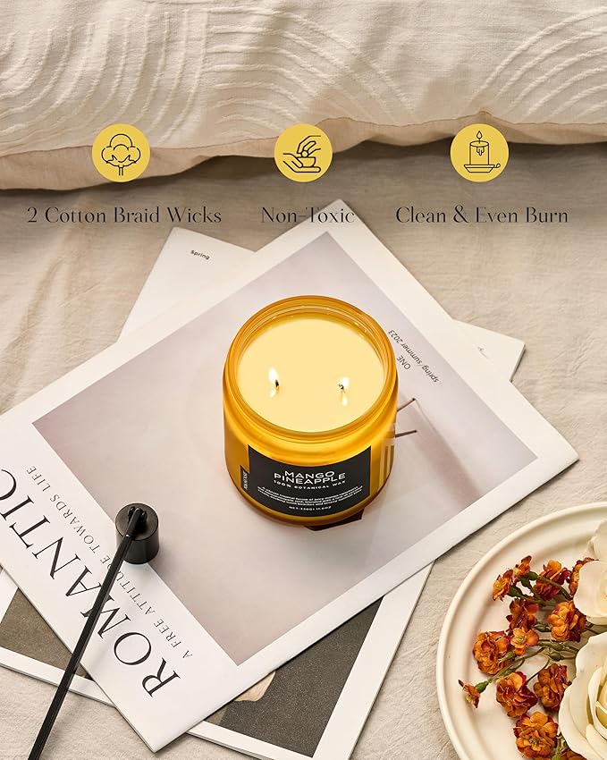 M&SENSE Mango Pineapple Tropical Scented Candle - 11.6oz Natural Soy Wax Non Toxic 70-Hour Burn 2-Wick Fruit Scent for Home, Housewarming Gifts - Aromatherapy Candle for Women, Men & Family Friends