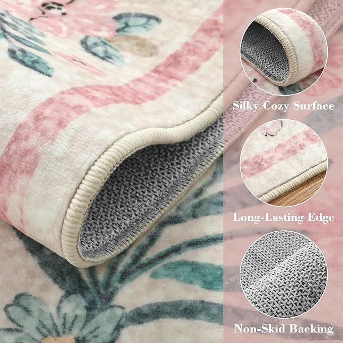 Wonnitar Floral Large Rugs for Living Room, Soft Light Pink Rug Washable 9x12 Carpet Non Slip, Boho Foldable Non-Shedding Kids Carpet for Bedroom Girls Nursery Dorm Playroom