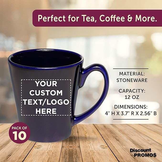 DISCOUNT PROMOS Custom Glossy Ceramic Latte Coffee Mug 12 oz. Set of 10, Personalized Bulk Pack - Perfect for Tea, Espresso, Cappuccino, Hot Cocoa - Blue