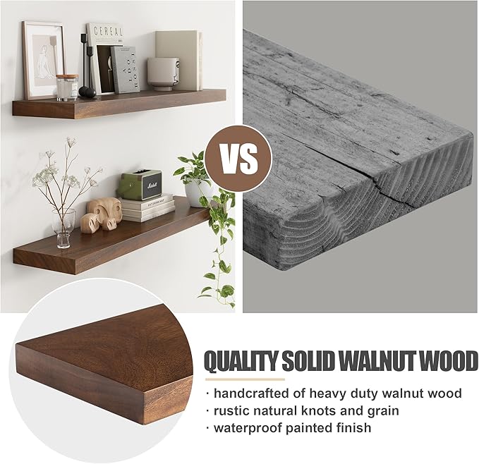 Floating Shelves for Wall, USA-Sourced Walnut Wood 24 Inch Wall Shelves Set of 2, Natural Wooden Wall Mounted Picture Ledge Shelf, Nursery Book Storage Shelf Kids Bookshelf, Display Shelf for Bathroom