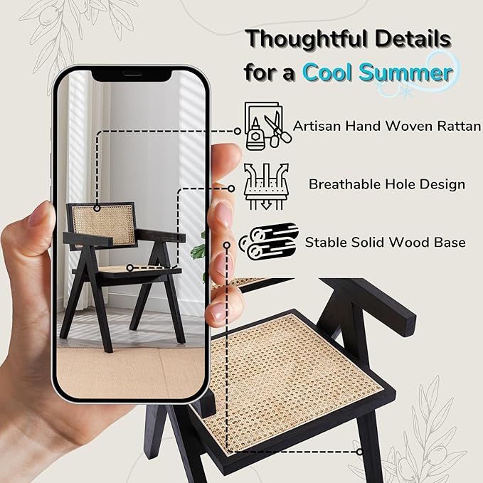 Rattan Dining Chairs Set of 2, Farmhouse Wicker Dining Chairs with Cane Seat Accent Armchair for Dining Room Kitchen Restaurant, Walnut