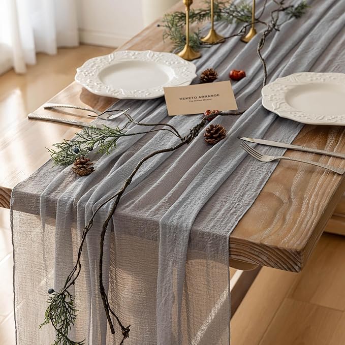 3pcs Dusty Blue Gauze Rustic Cheesecloth Table Runner 120 Inch 10 FT for Wedding Baby Shower Bridal Shower Birthday Engagement Garden Outdoor Party Long Sheer Boho Decorations
