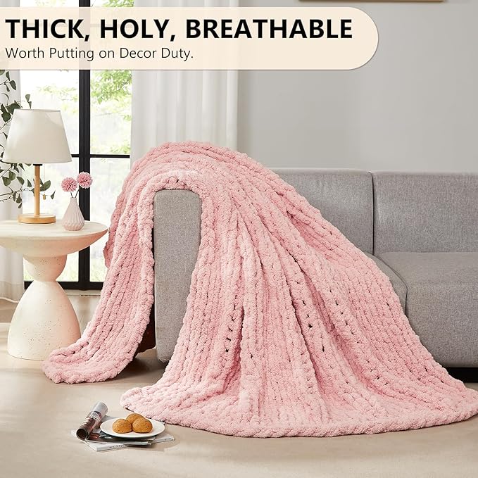 L'AGRATY Chunky Knit Blanket Throw - Soft Chenille Yarn Throw Blanket 40x50: Handmade Thick Knit Crochet Blanket - Large Chunky Rope Pink Throw Blanket for Couch Sofa Bed Home Decor
