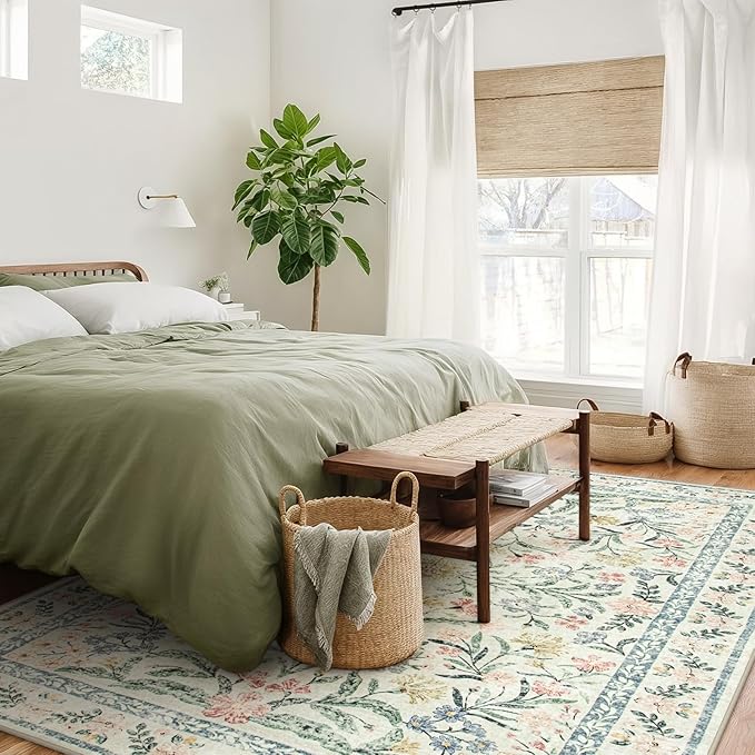 Wonnitar Large Washable 8x10 Rug, Boho Living Room Rug 8 x 10, Soft Floral Carpet for Bedroom Non Slip, Indoor Soft Beige Carpets for Dining Room Apartment Office