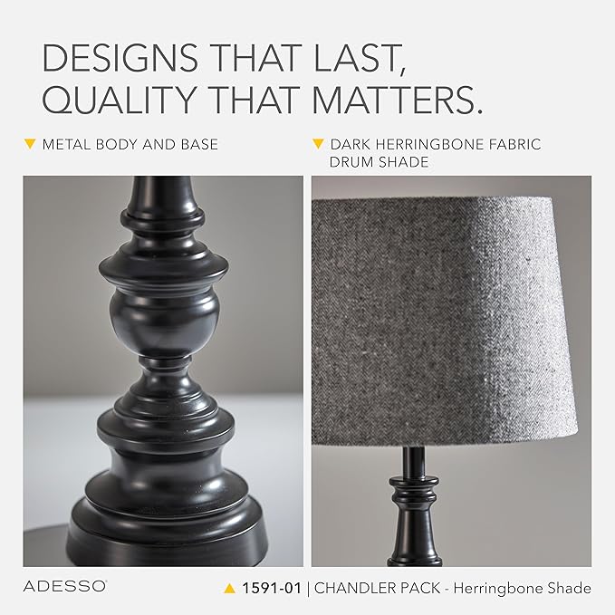 Adesso 3-Piece Lamp Set: Two Table Lamps & One Floor Lamp – Bronze Finished Base, Dark Herringbone Shade, Stylish and Cohesive Lighting for Any Space