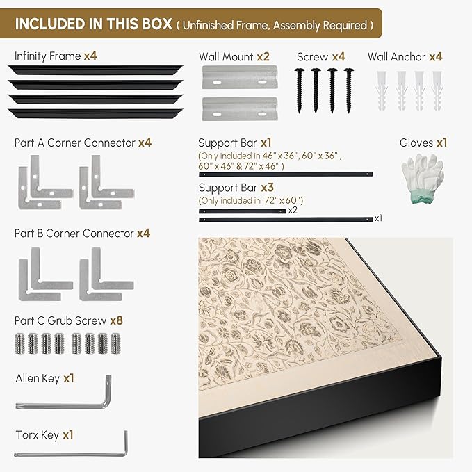 SIGNWIN 46"x72" Extra Large Framed Wall Art Vintage Botanical Sketch with Detailed Floral Pattern, Classic Nature Illustration for Home Living Room Bedroom Decor (Frame Assembly Required)