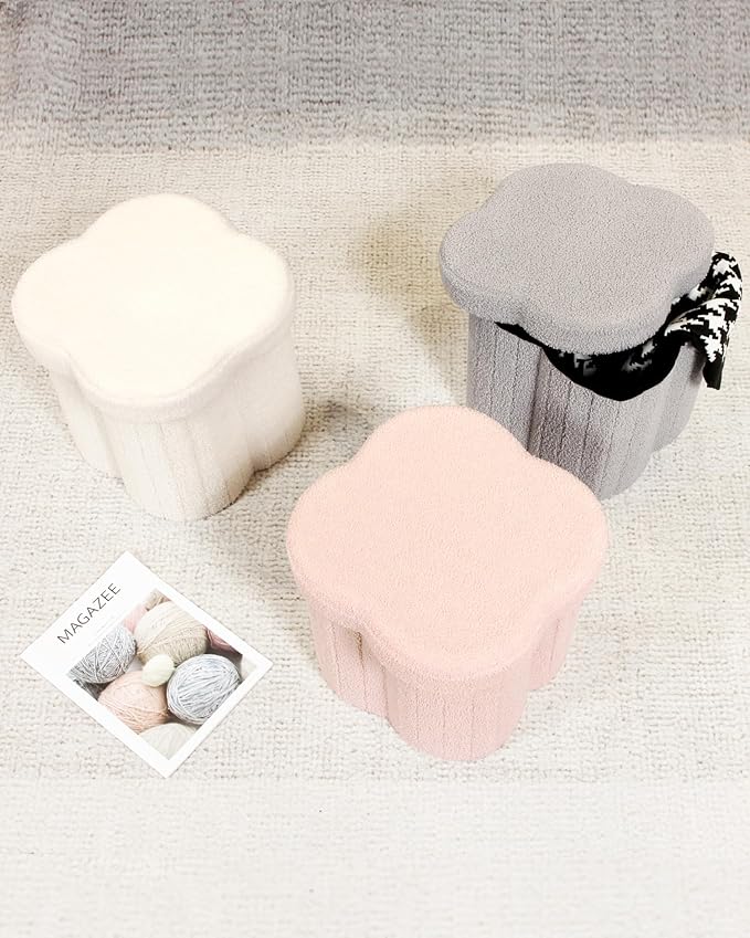 B FSOBEIIALEO Storage Ottoman Cube, Flowers Shaped Ottomans with Storage Foot Stool Footrest for Lving Room, Boucle Ottoman Seat for Dorm Room,Faux Teddy Fur, Cream White 12.6"x12.6"x12.6"