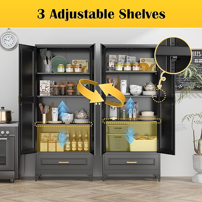 75" Kitchen Pantry Cabinet with Drawer, Metal Storage Cabinets with Doors and 4 Adjustable Shelves,Black Kitchen Cabinet with 2 Gold Handles,Food Cupboard for Livingroom,Pantry