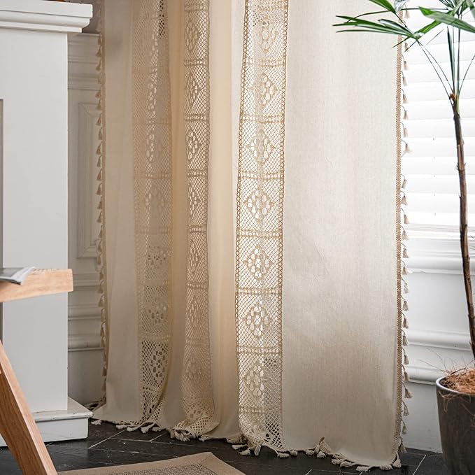 Sutuo Home Boho Curtain Crochet Lace Patchwork Semi-Blackout Bohemian Handmade Tassels, Rod Pocket Window Treatment Vintage Rustic Farmhouse Drapes for Living Bedroom, 1 Panel 59" W x 72" L, Beige