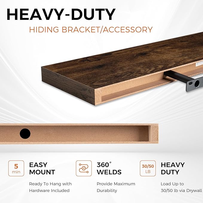 36Inch Floating Shelves for Wall 2 Pack Wood Shelves for Kitchen, Bathroom, Bedroom Wall Mounted Rustic Wood Floating Shelf with Invisible Brackets for Books, Storage, Decor, Rustic Brown