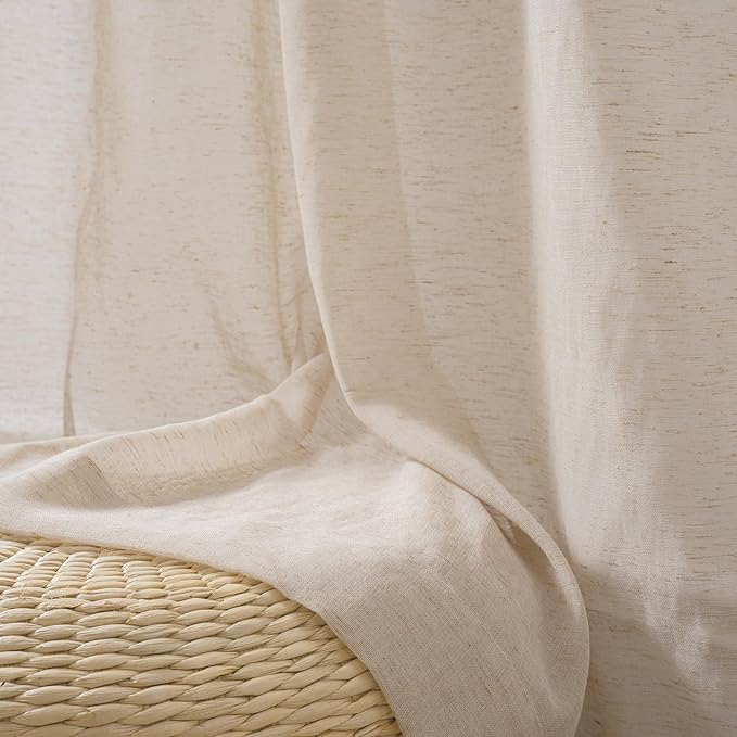 FMFUNCTEX Linen Sheer Curtains for Bedroom, Taupe Curtains 96 inches Long for Living Room, Brown Farmhouse French Flax Blend Window Draperies, Rod Pocket 2 Panels Set