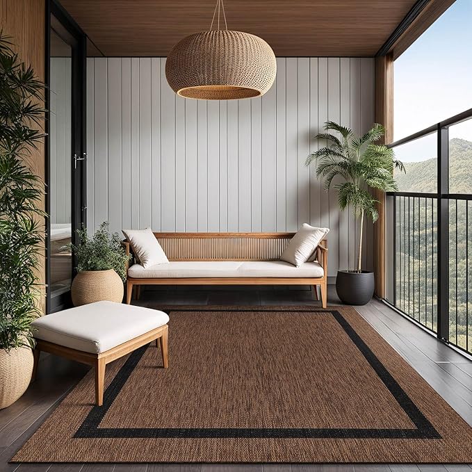 Bordered Outdoor Rug 9x12 Washable Outside Carpet for Indoor Patio Porch Waterproof Easy Cleaning Non Shedding Area Rugs Nut Brown - Black 9 x 12
