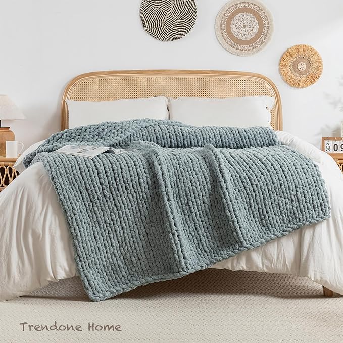 Chunky Knit Blanket Throw, 100% Hand Knit Throw Blanket Handmade Chenille Cable Knit Throw for Couch, Stylish Cozy Soft Rope Knot Crochet Blanket for Home Decor, Chambray Blue, 50x60 Inches
