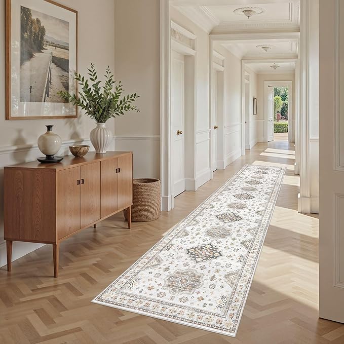 Washable 2.6x12 Runner Rug - Area Rugs Neutral Vintage Distressed Floral Farmhouse Boho Large Soft Floor Rug Indoor Carpet for Hallway Entryway Kitchen Home - Blue Brown