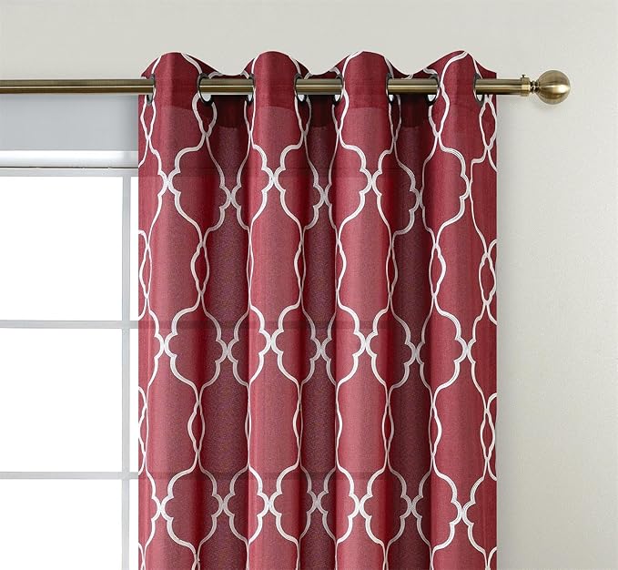 MIUCO Moroccan Embroidered Semi Sheer Curtains Faux Linen Grommet Curtains for Living Room 52 x 63 Inch 2 Panels, Burgundy