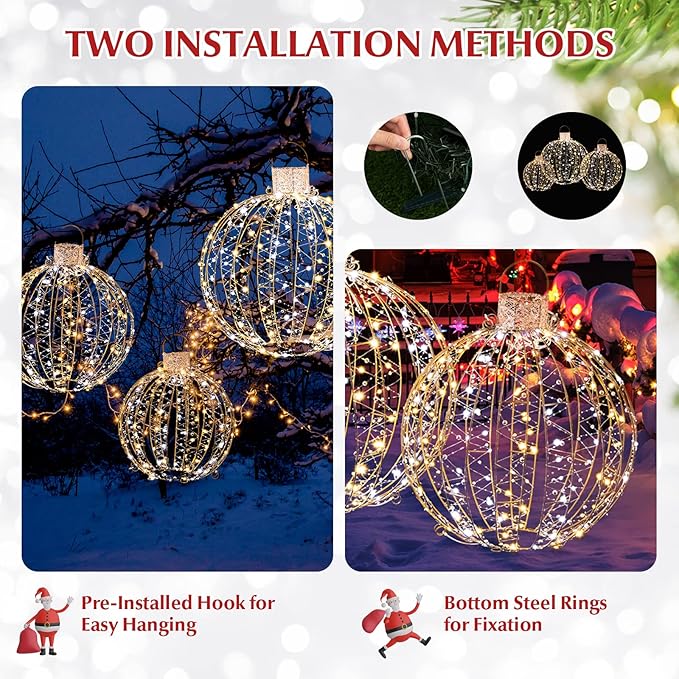 Tangkula Christmas LED Light Balls for Tree (3 Pack), Outside Lighted Sphere with 180 Warm White & 180 Cold White Lights, Holiday Lighted Decorations, Christmas Sphere Balls for Indoor Outdoor Decor