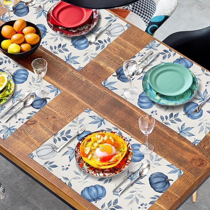 Blue Pumpkin Maple Leaves Fall Placemats Set of 4 Autumn Thanksgiving Harvest Linen Place Mat Non Slip Heat Resistant Washable Table Mats for Party Kitchen Dining Decoration