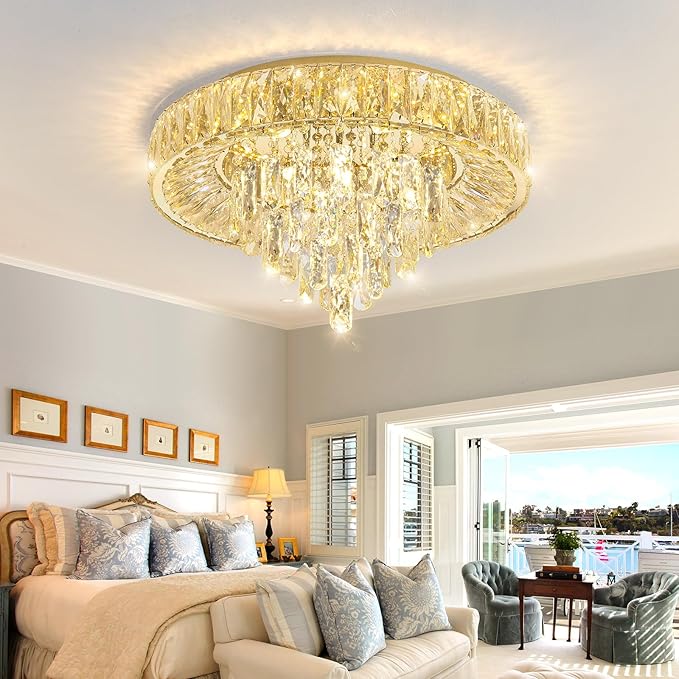 Modern Crystal Chandeliers for Dining Room LED Light Fixture Close to Ceiling Chandelier Flush Mount Ceiling Light Dimmable Lamp with Remote for Living Room Bedroom Hallway