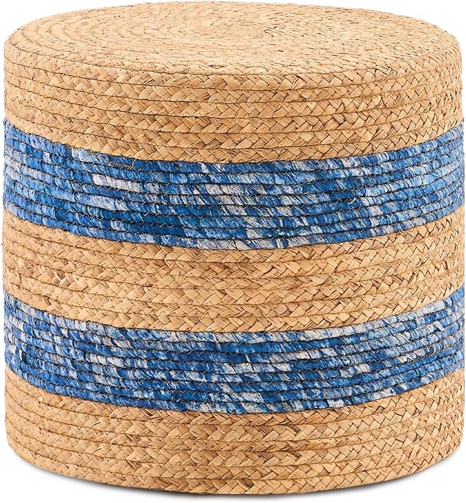 Handwoven Ottoman Pouf, Natural Water Hyacinth Footstool, Round Braided Outdoor Seat with Sturdy Frame, Boho Accent Stool for Patio, Balcony, or Garden (Blue)