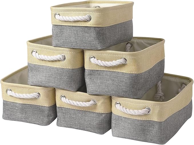 TcaFmac Organization and Storage Bins for Shelves - Small 6 Pack 12x8x5.2 inch Collapsible Storage Basket for Organizing, Fabric Storage Cubes for Gifts Empty for Toy Books (Gold & Grey)