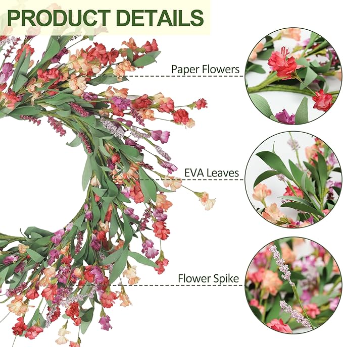 Artgar Front Door Wreath 24 Inch Spring/Summer Wreaths for Front Door, Front Door Wreaths for All Seasons for Indoor Outdoor Home Office Wall Window Wedding Farmhouse Decor (Red&Orange&Purple)