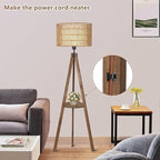 Boho Tripod Floor Lamps for Living Room, Rattan Wood Floor Lamp with Fabric Shades, Mid Century Standing Lamp with Shelf, Foot Switch, Modern Farmhouse Tall Lamps for Bedroom Office Brown