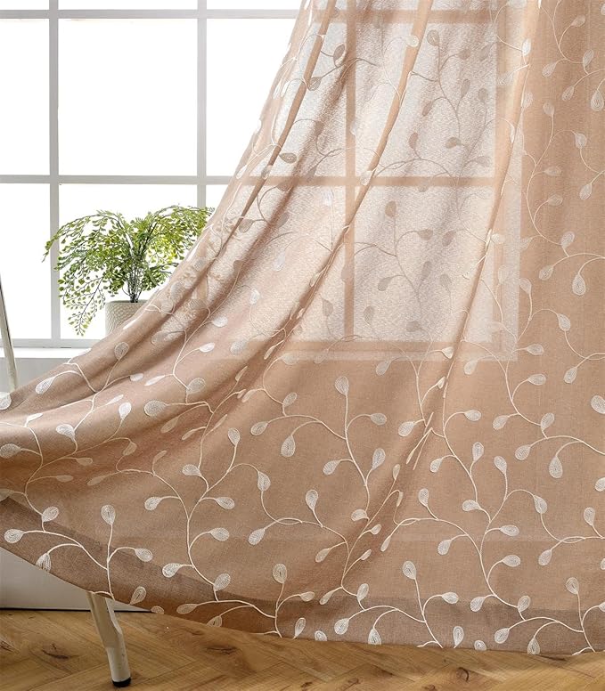 MIUCO Floral Embroidered Semi Sheer Curtains Faux Linen Grommet Curtains for Living Room 52 x 84 Inch 2 Panels Set, Taupe