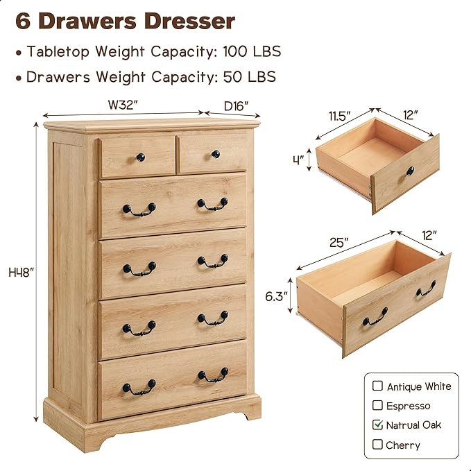 T4TREAM 6 Drawers Dresser Chests for Bedroom, 48" Tall Rustic Chset of Drawers, Wood Dressers Organizer for Bedroom, Living Room,Hallway, Natural Oak