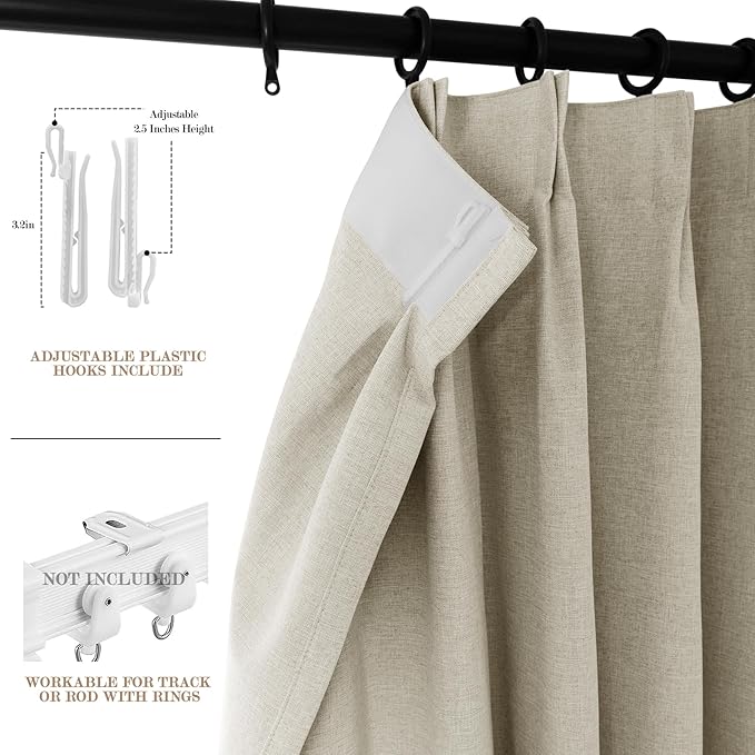 Ivory White Pinch Pleat 100% Blackout Drapes Linen Blend, Room Divider, Room Darkening, Energy Saving, Furniture Protecting, Light Blocking Extra Wide Privacy Curtains, 200Wx102L, 1 PC
