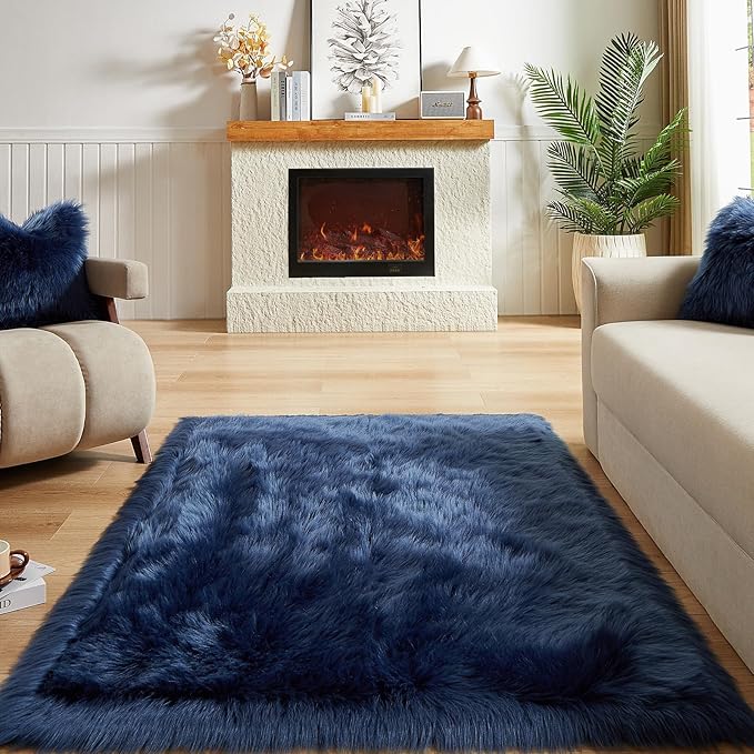 AMTOVO Faux Fur Sheepskin Rug for Living Room, 4 x 6 ft Dark Blue Fluffy Area Rug for Bedroom, Playroom, Luxury Room Decor, Rectangle