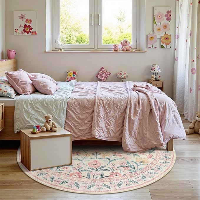 Wonnitar Pink Floral Round Rugs 5ft, Soft Circle Rug Non Slip Washable Round Carpet, Boho Non-Shedding Flower Distressed Circle Carpets for Bedroom Girls Room Nursery