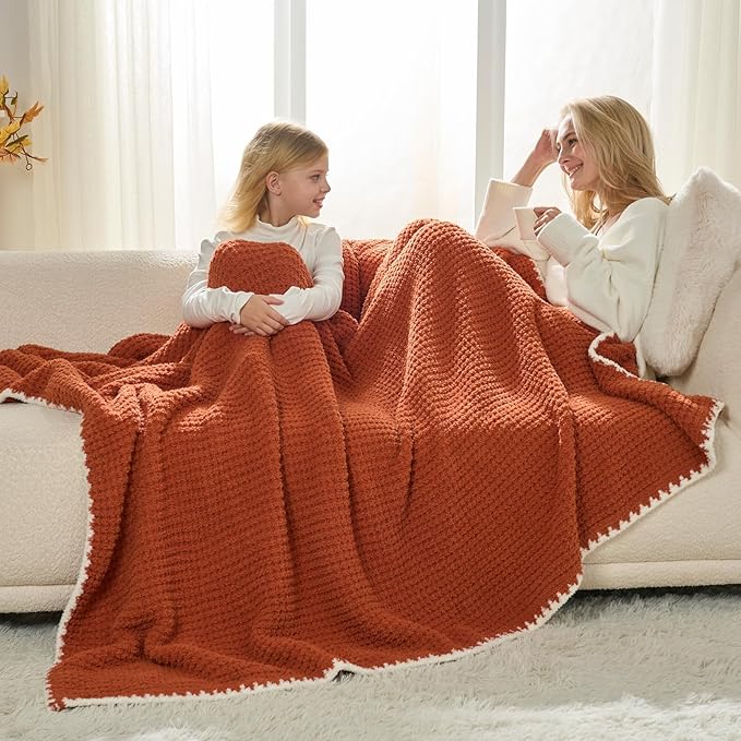 Snuggle Sac Orange Waffle Throw Blanket for Couch Bed Sofa 50x60 inches, Reversible Blanket Microfiber Fluffy Fuzzy Cozy Knit Soft Throws for Women Mothers Birthday Gifts