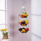 3-Tier Wire Fruit Hanging Basket 2 Packs,non-Punching Wall Hanging Storage,Kitchen Bathroom Organization Basket,Suitable for Bathroom,Kitchen,Closet,Garden,Black