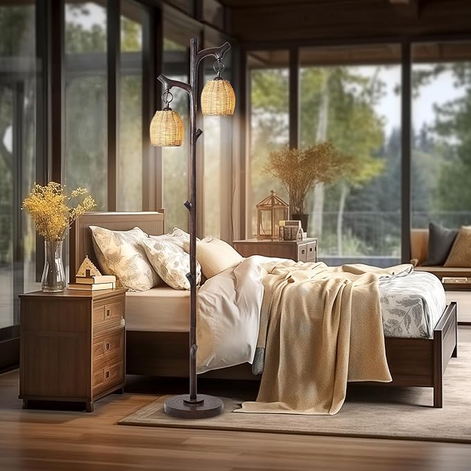 68" High Farmhouse Rustic Country Cottage Floor Lamp Tree Trunk Faux Wood Column Dark Bronze Wicker Drum Shade Decor for Living Room Bedroom Reading Room