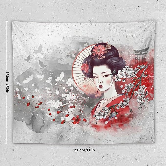 Japanese Geisha Tapestry Asian Red Cherry Blossom Traditional Kimono Folk Tapestries Home Decor for Living Room Bedroom Apartment Farmhouse Dorm 60"x50"
