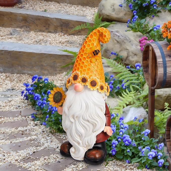 Garden Gnomes Outdoor - Sunflower Gnome Statue with Solar LED Lights for Yard, Patio, Lawn Ornaments - Best Garden Gifts for Mothers Day, Housewarming, Festival