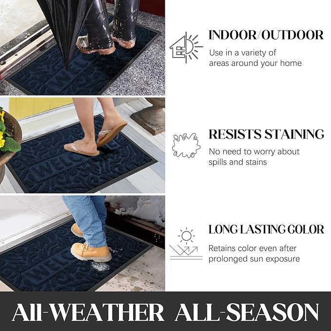 Yimobra Welcome Front Door Mat Outdoor, Heavy Duty Sturdy Non Slip Doormats, Rubber Backing, Low-Profile Entrance Rugs, Absorbent Resist Dirt, Easy Clean Patio Garage Floor Mats, 60X36 Inch, Blue